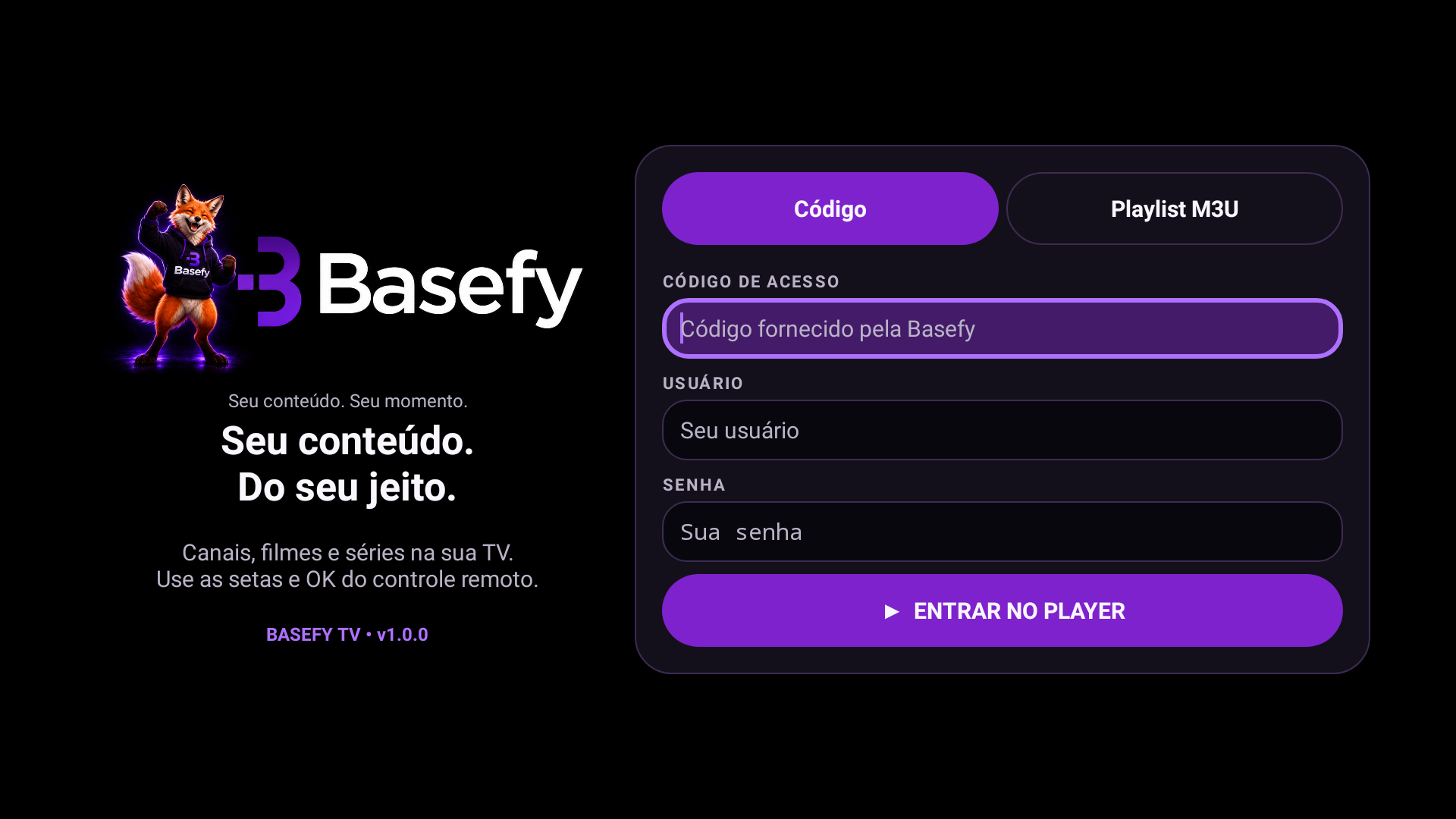 Tela horizontal Basefy TV com marca e formulário em duas colunas
