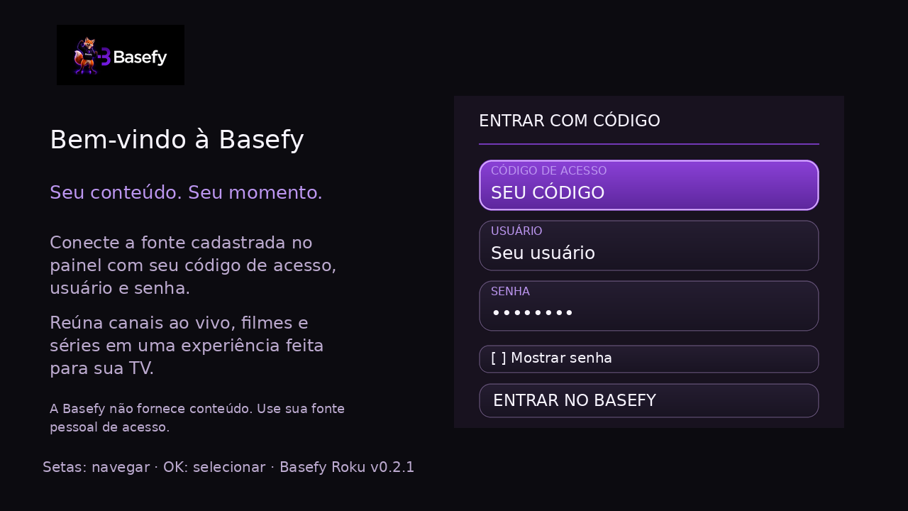 Prévia do login Basefy na Roku: informações à esquerda e campos à direita